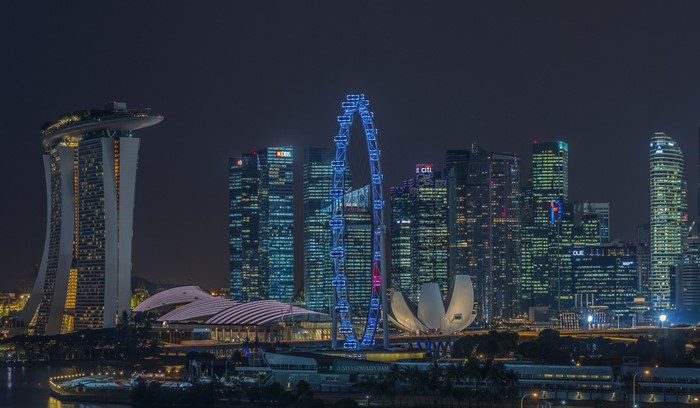Singapore Skyline at Night with Marina Bay Sands and Flyer