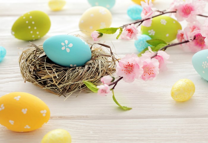 Easter Eggs in a Nest with Cherry Blossoms