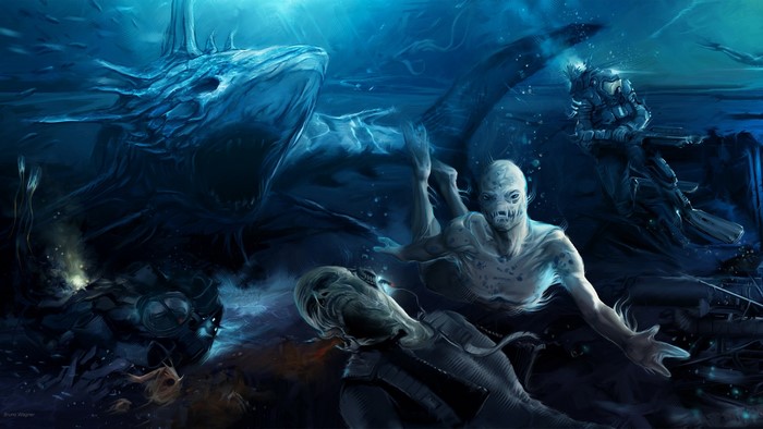 Underwater scene with sea creatures and divers