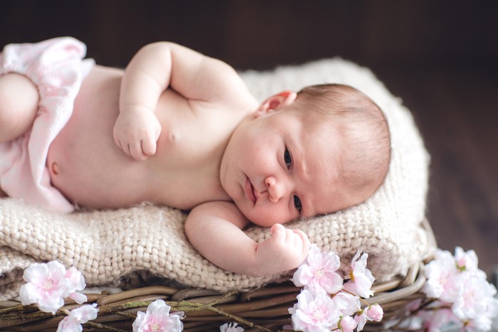 Newborn baby lying in a basket with flowers