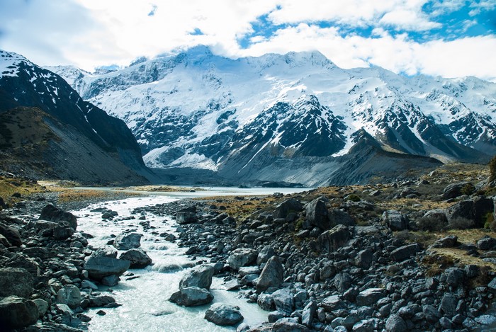 Snowy Mountains and Rocky Stream Scenery