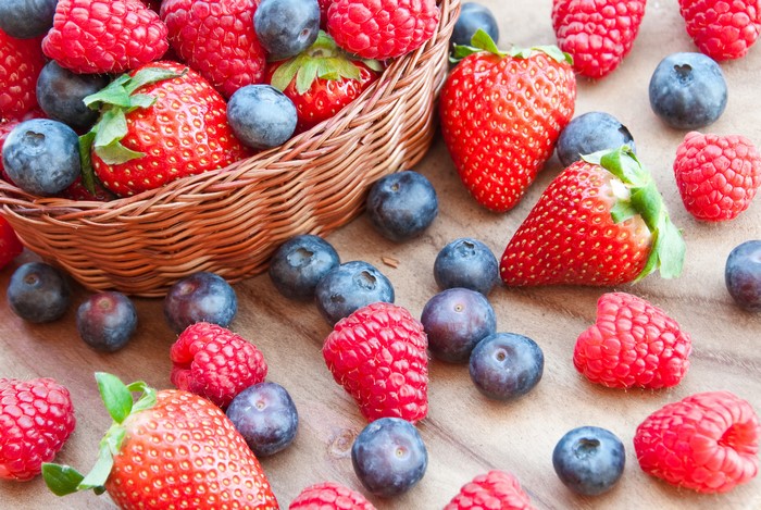 Strawberries, Blueberries, and Raspberries in a Basket