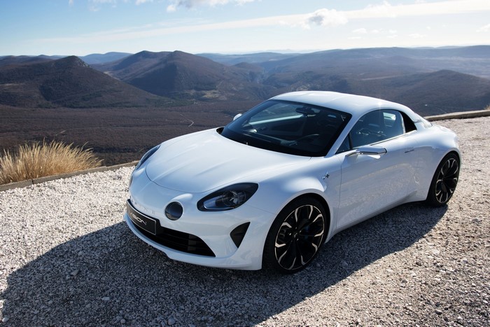 White 2016 Alpine Vision (Renault) on a mountain road