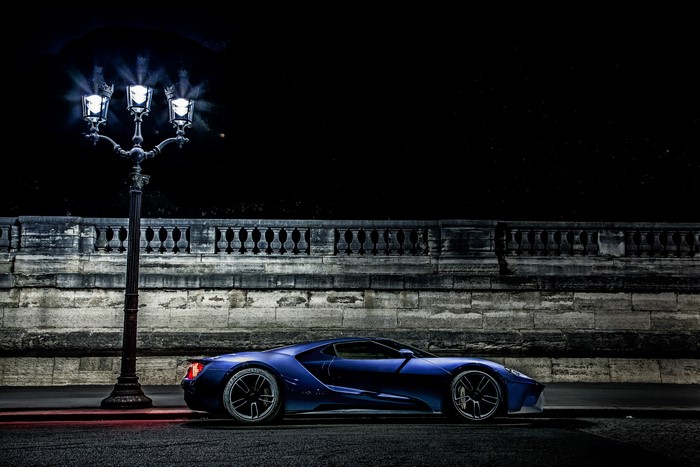 Blue Ford GT Concept car at night