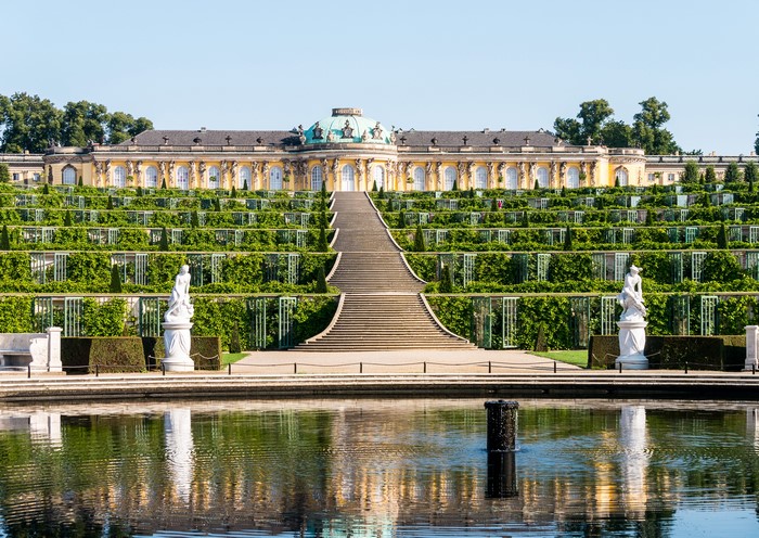 Palace Sanssouci with terraced gardens and pond