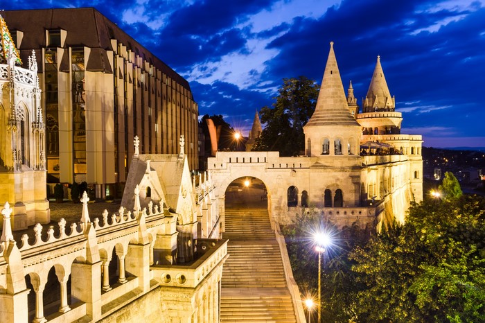 Fisherman's Bastion and Matthias Church at night in Budapest