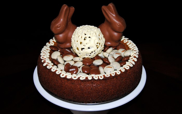 Chocolate Easter cake with bunnies and candies