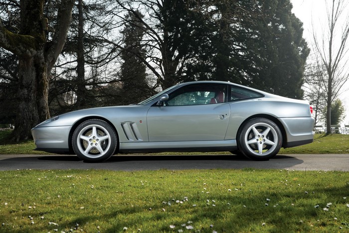 Silver Ferrari 550 Maranello parked on a road