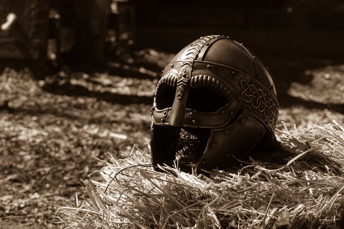 Viking helmet on hay