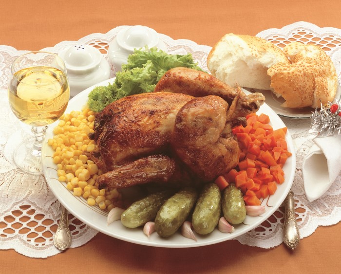 Roast Chicken with Corn, Carrots, Cucumbers, and Bread