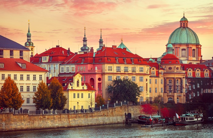 Prague Czech Republic Riverfront Buildings and Boats