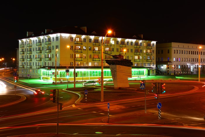 Tank monument in Grodno, Belarus at night