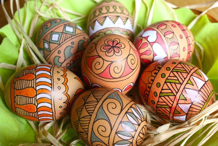Decorated Easter Eggs in a Basket
