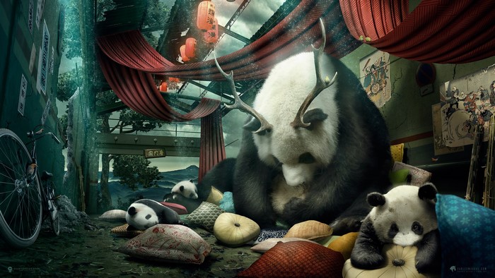 Pandas with antlers in a surreal, overgrown environment
