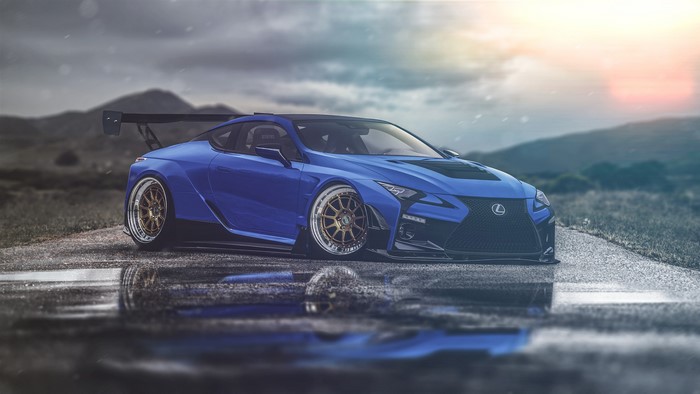Blue Lexus LC500 with a large rear spoiler