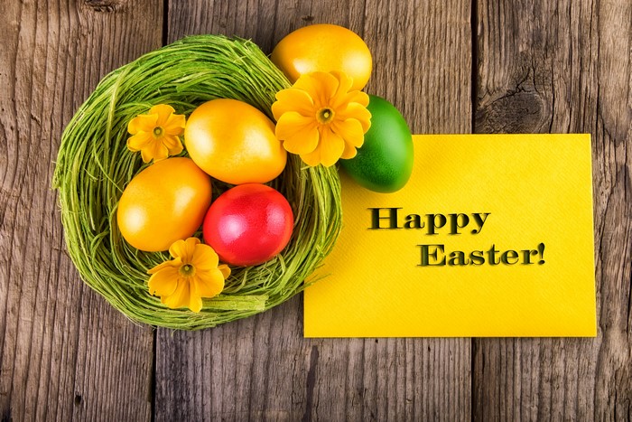 Easter eggs in a nest with flowers and a card
