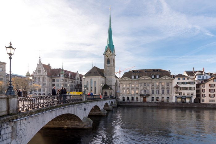 Zurich Fraumunster Church and Bridge over River