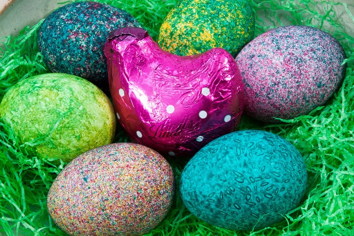 Easter Eggs and Chocolate Chicken in Basket