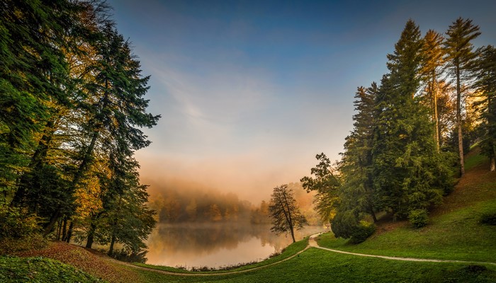 Lake and trees in fog at Trakoscan, Croatia