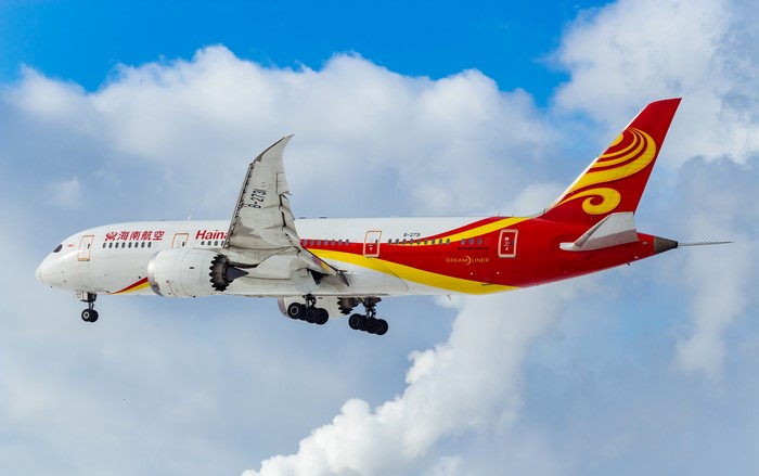Boeing 787-8 Dreamliner in flight with clouds