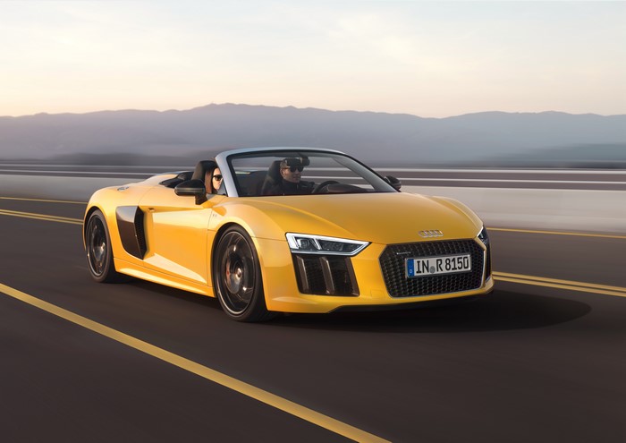 Yellow Audi R8 Spyder V10 Cabriolet in Motion