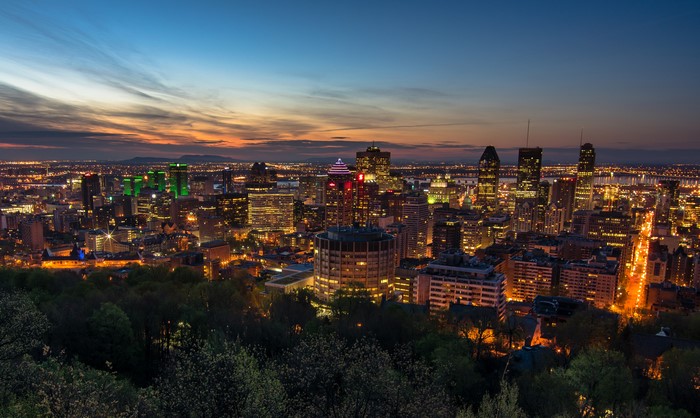 Montreal cityscape at dusk from Mount Royal