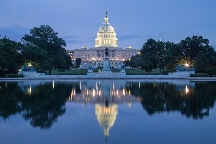 United States Capitol Building at Night with Reflection