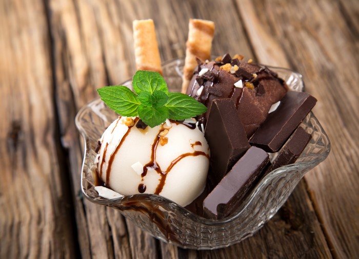 Ice cream sundae with chocolate and mint