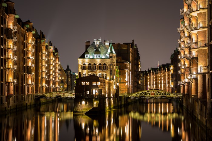 Hamburg Speicherstadt at night with canals and bridges