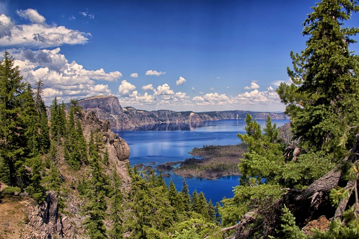 Crater Lake National Park Scenery with Mountains and Spruce Trees