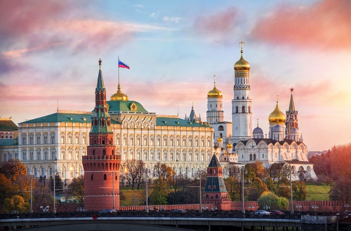 Moscow Kremlin at Sunrise with Russian Flag