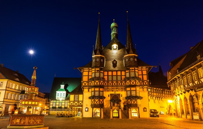 Wernigerode town hall at night with moon