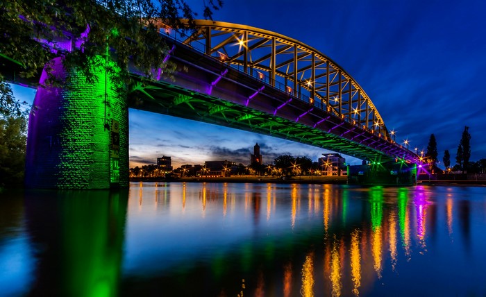 John Frost Bridge over Rhine River at Night