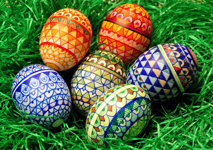Decorated Easter Eggs in Green Grass