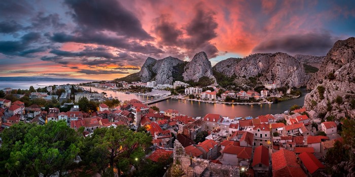 Omis, Croatia at Sunset with Mountains and River