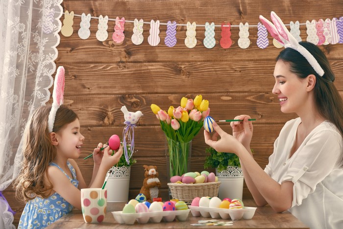Mother and Daughter Decorating Easter Eggs