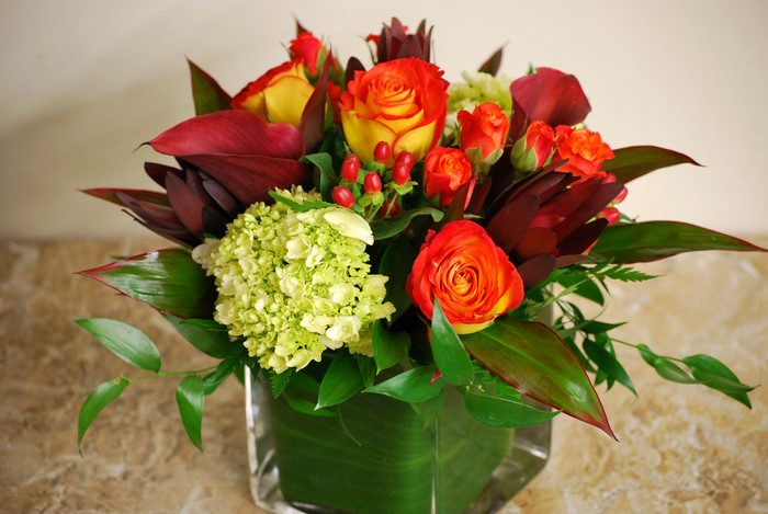 Roses, Callas, and Hydrangea in a Glass Vase