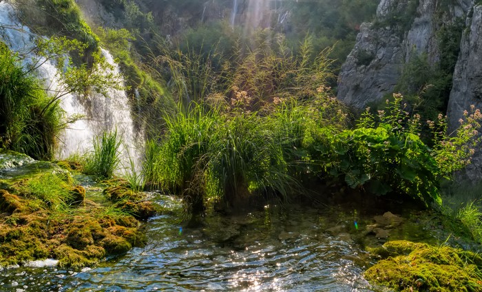 Waterfalls and lush vegetation in Plitvice National Park, Croatia