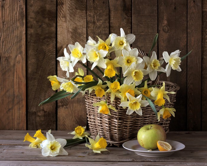 Still-life with Daffodils, Apple, and Lemon Slice