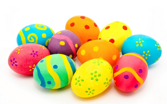 Colorful decorated Easter eggs on a white background