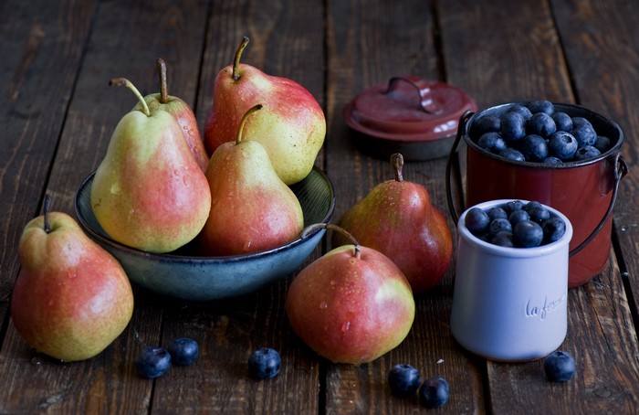Pears and Blueberries on a Wooden Table