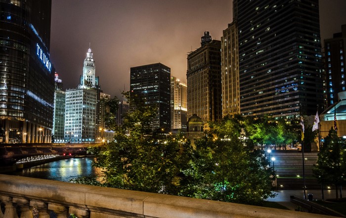 Chicago city skyline at night with Trump Tower