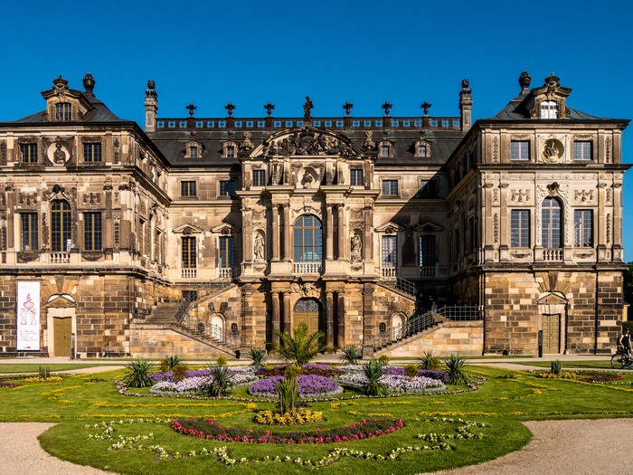 Dresden Palace with Garden and Blue Sky