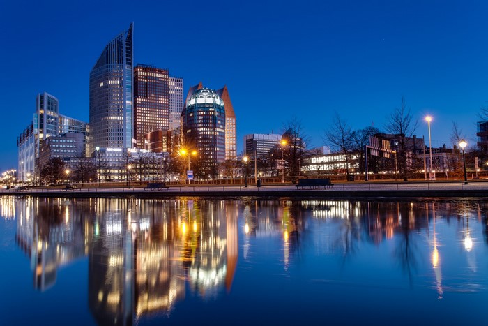 The Hague, Netherlands Skyline at Night with Reflections