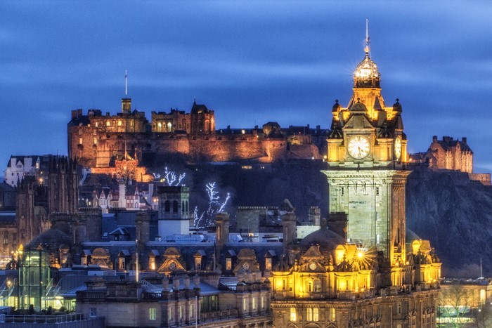 Edinburgh Castle and Balmoral Clock Tower at Night