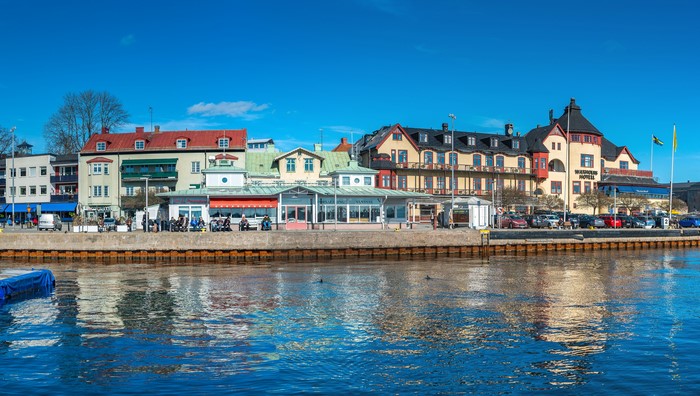 Waterfront buildings and reflections in Vaxholm, Sweden