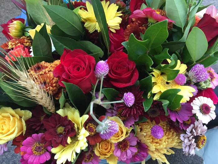 Bouquet of Roses, Zinnias, and Wheat