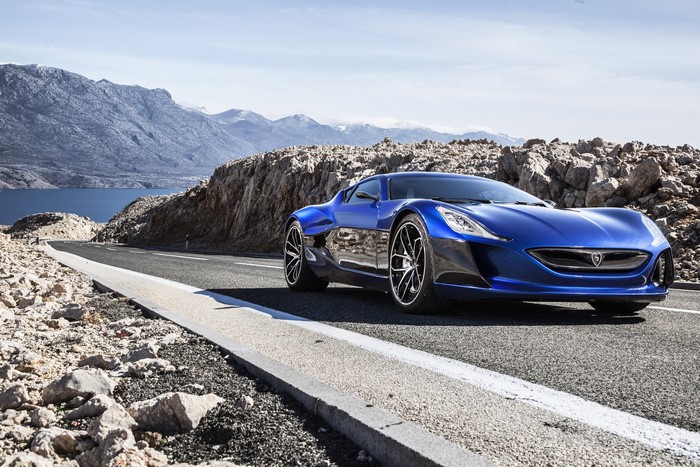 Blue Rimac Concept One on a Coastal Road