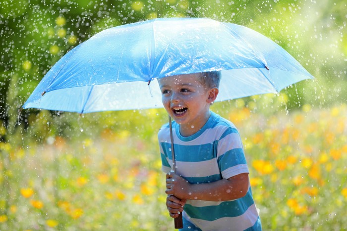 Boy with umbrella in the rain
