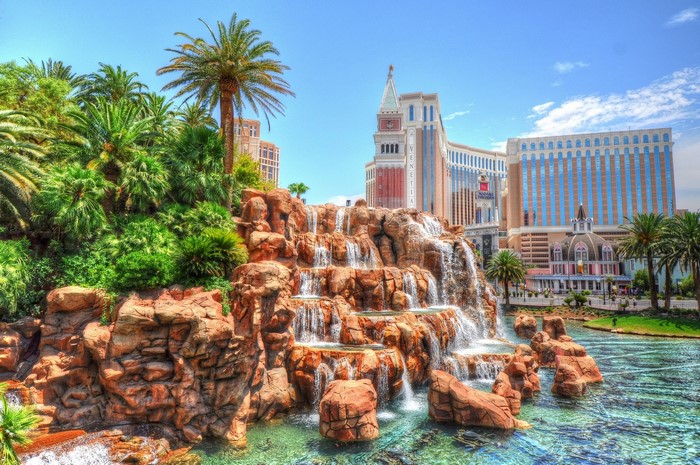 The Venetian Las Vegas with Waterfall and Palm Trees